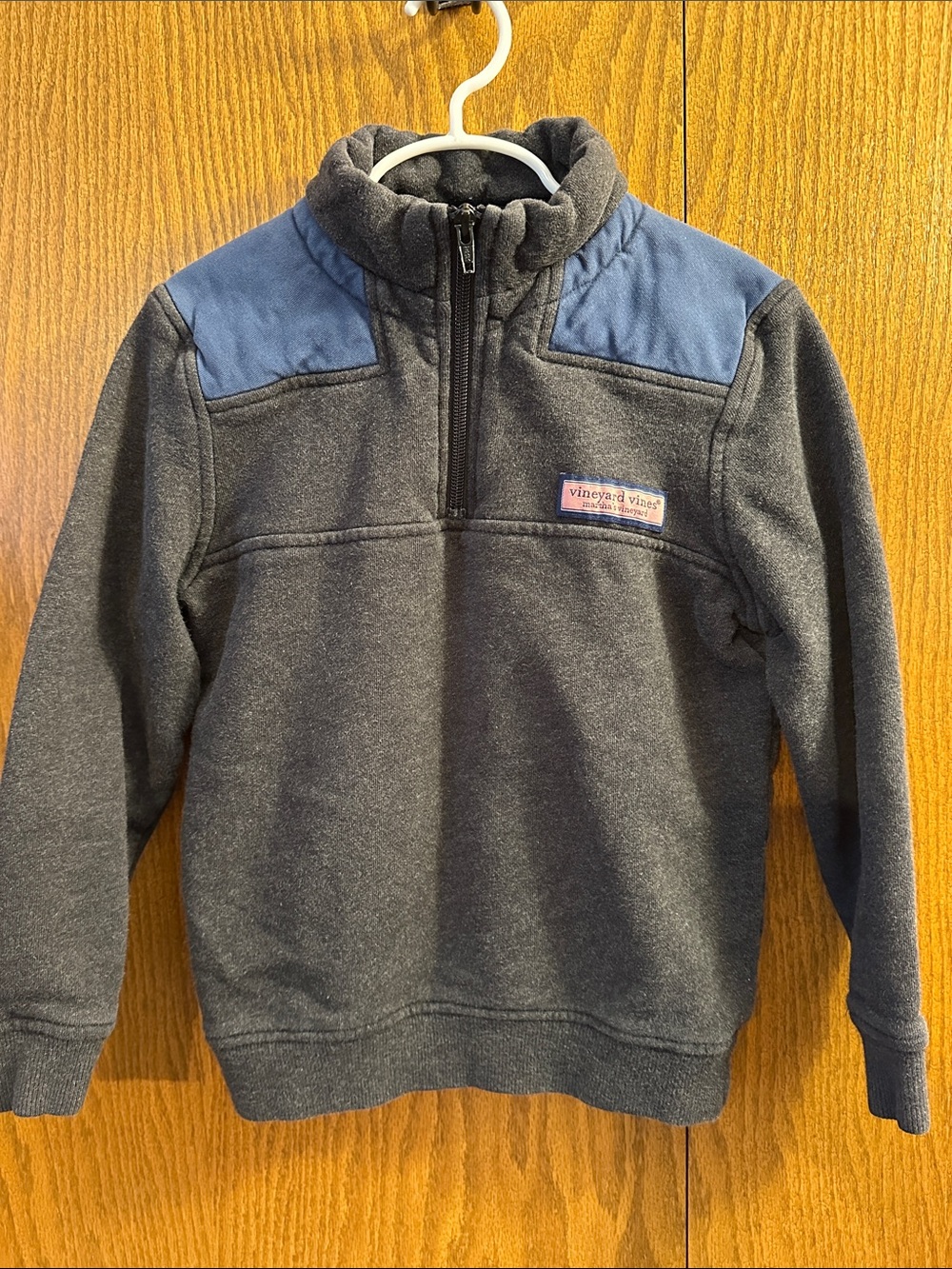 Vineyard Vines Kids' Charcoal Pullover with Blue Shoulder Panels